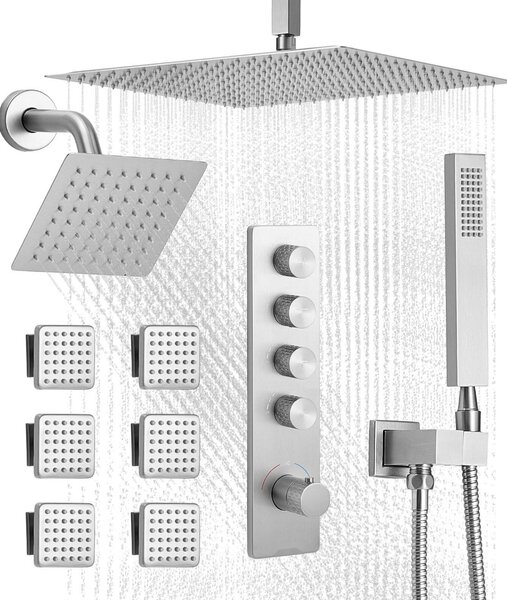 Set sistema doccia - Doccia a pioggia con doccetta - Soffione a pioggia da 40,6 cm - Soffione a parete da 15,2 cm - 6 getti corpo - Valvola in ottone con kit di rivestimento - Nichel spazzolato
