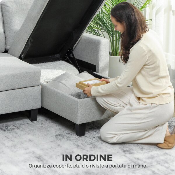 DecHome Divano Angolare 3 posti Moderno con Chaise Longue Letto Estraibile Vano Contenitore in Tessuto Effetto Lino Dimensioni 197x129x85 cm colore