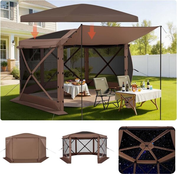 Gazebo pop-up - Gazebo pieghevole per feste - Dimensioni 3,6 x 3,6 m - Sei lati - Tetto rimovibile - Con borsa per il trasporto - Protezione solare - Per 8-10 persone - Marrone