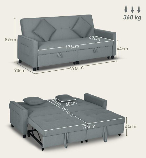 DecHome Divano Letto Clic-Clac 3 Posti Moderno in Tessuto Dimensioni 196x90x89 cm colore Grigio