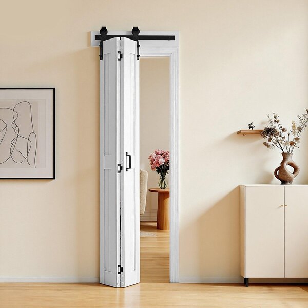Porta scorrevole pieghevole - Porta scorrevole interna in stile porta da fienile - 60,9 x 213,4 cm - MDF - Con set di ferramenta - Design salvaspazio con telaio a H - Per camera da letto e soggiorno - Bianco