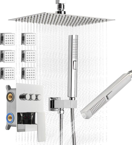 Set sistema doccia - Doccia a pioggia - Soffione a pioggia girevole da 25 cm - 6 getti corpo - Doccetta 2 in 1 - 3 funzioni - Valvola in ottone e set di rivestimenti - Cromo