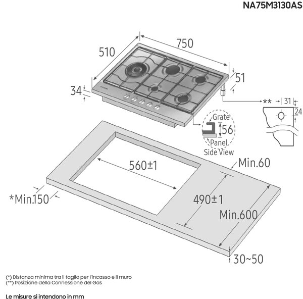 Samsung Piano Cottura a Gas 5 Fuochi 75 cm colore Inox - NA75M3130AS