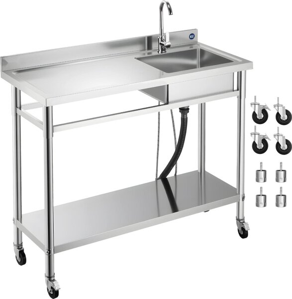 Lavello in acciaio inox - Lavello da cucina a vasca singola su ruote - Dimensioni 120 x 50 x 105,5 cm - Con rubinetto - Piano di lavoro a sinistra - Indipendente - Per interni ed esterni