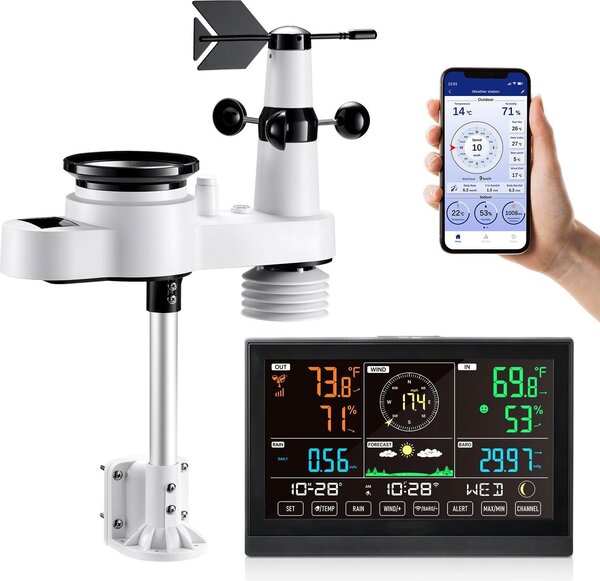 Stazione meteo wireless WLAN - centro meteo 5 in 1 - display VA da 19 cm - sensore solare esterno - previsioni meteo - velocità del vento - pluviometro - temperatura e umidità interna/esterna