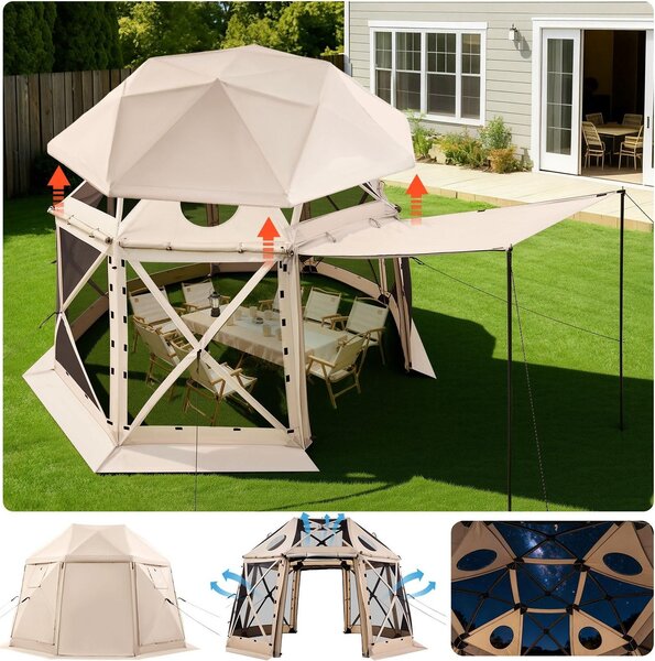 Gazebo pieghevole Pop-up Partyzelt - Tenda a cupola a 13 lati - Dimensioni 3,6 x 3,6 m - Per 8-10 persone - Tetto rimovibile - Ventilazione a 360° - Protezione solare UV - Con borsa per il trasporto - Beige