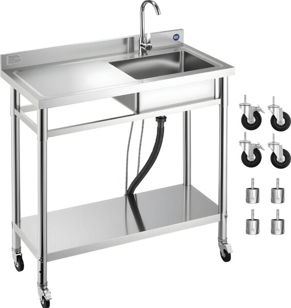 Lavello da ristorazione - Lavello da cucina in acciaio inox a vasca singola - Con rubinetto - Con rotelle - Indipendente - Piano di lavoro a sinistra - 100 x 50 x 105,5 cm - Per interni ed esterni