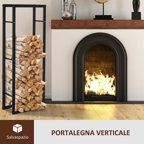 HOMCOM Potalegna per Camino in metallo, Scaffale per legna da ardere, per interno e esterno, 60 × 25 × 150cm, Nero| Aosom Italy