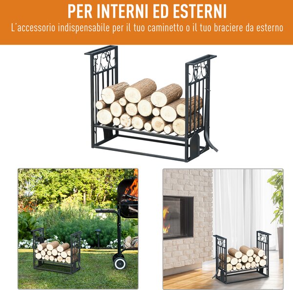 HOMCOM Portalegna Rialzato per Camino in Acciaio Antiruggine, per Interni ed Esterni, 4 Attrezzi Inclusi, 75x30x60cm|Aosom