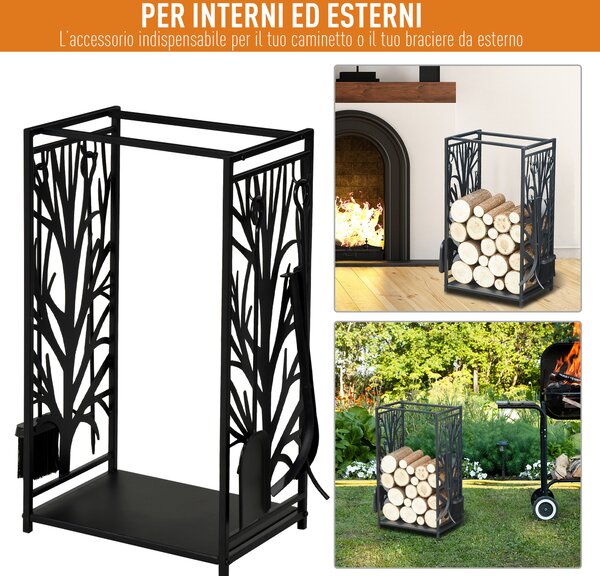 HOMCOM Potalegna di Design per Camino in Acciaio Nero e Antiruggine, per Interni ed Esterni, 46 x 30 x 70 cm|Aosom