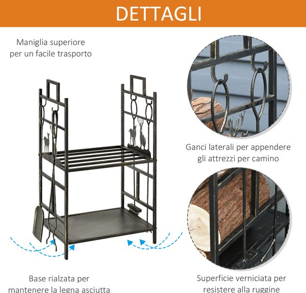 Outsunny Portalegna per Camino in Ferro Battuto, Scaffale con Manici e Base Rialzata, attizzatoio e scopa, paletta e pinza, Nero | Aosom Italy