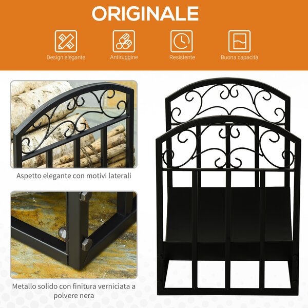 Outsunny Portalegna per Camino da Interno ed Esterno in Metallo con Ripiano Curvo, Fino 60kg di Legna, Nero, 60.5x36x46.5cm | Aosom Italy