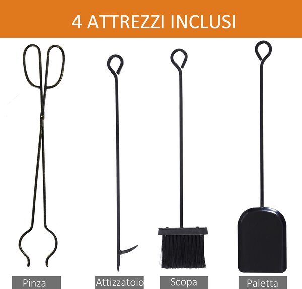Outsunny Portalegna per Camino in Ferro Battuto, Scaffale con Manici e Base Rialzata, attizzatoio e scopa, paletta e pinza, Nero | Aosom Italy