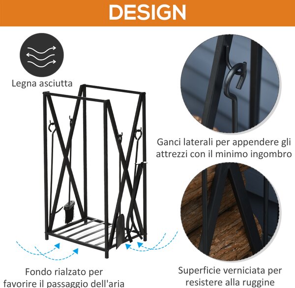HOMCOM Portalegna per Camino in Acciaio da Interno ed Esterno, Porta Legna con Attizzatoio Paletta Scopino Pinza, 46x30x76cm Nero | Aosom Italy