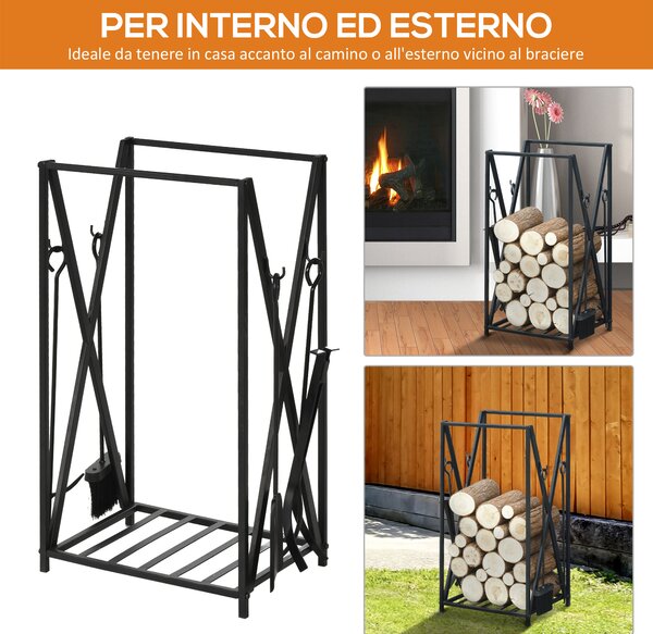 HOMCOM Portalegna per Camino in Acciaio da Interno ed Esterno, Porta Legna con Attizzatoio Paletta Scopino Pinza, 46x30x76cm Nero | Aosom Italy