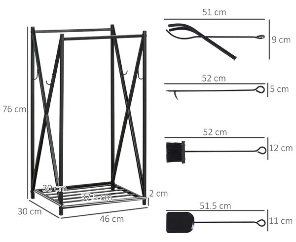 HOMCOM Portalegna per Camino in Acciaio da Interno ed Esterno, Porta Legna con Attizzatoio Paletta Scopino Pinza, 46x30x76cm Nero | Aosom Italy