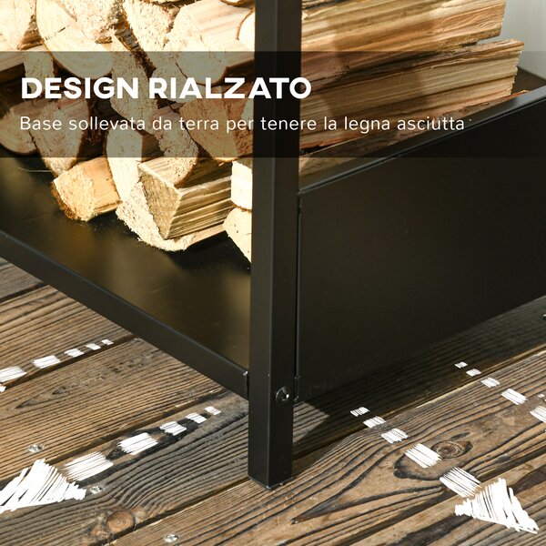 Outsunny Scaffale Portalegna da Esterno e Interno in Acciaio con Base Rialzata, 39x35x76cm, Nero|Aosom