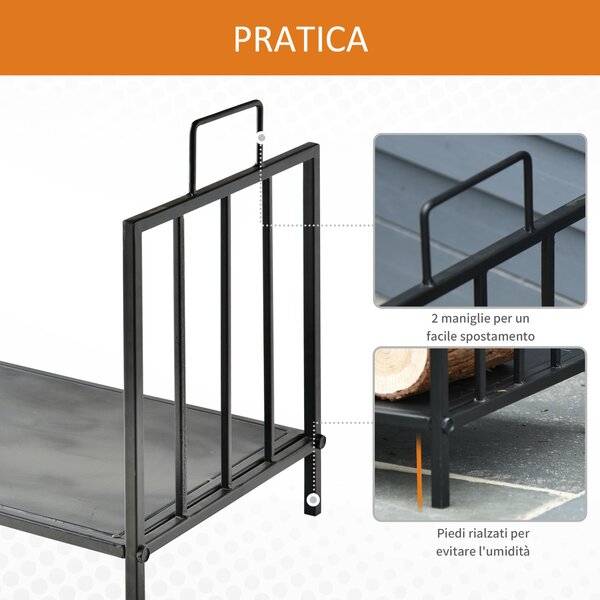 Outsunny Portalegna per Camino per Interno ed Esterno con 2 Maniglie, Scaffale moderno 15kg max e in Metallo, 44.5x33x46.5 cm, Nero | Aosom Italy