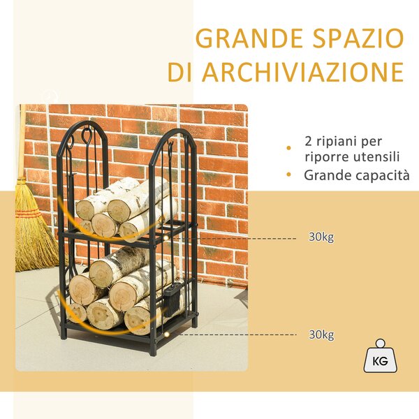 Outsunny Portalegna per Camino a 2 Ripiani in Metallo con Paletta, Porta legna con Scopa, Attizzatoio e Pinza, 41.5x32.5x74.5 cm, Nero | Aosom Italy