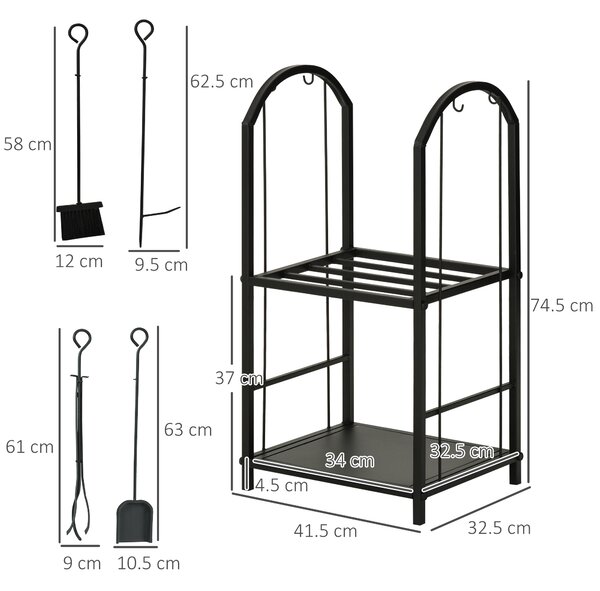 Outsunny Portalegna per Camino a 2 Ripiani in Metallo con Paletta, Porta legna con Scopa, Attizzatoio e Pinza, 41.5x32.5x74.5 cm, Nero | Aosom Italy