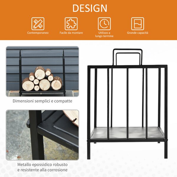 Outsunny Portalegna per Camino per Interno ed Esterno con 2 Maniglie, Scaffale moderno 15kg max e in Metallo, 44.5x33x46.5 cm, Nero | Aosom Italy