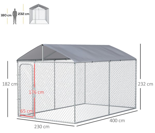 PawHut Kennel per Cani in Metallo Galvanizzato con Tettuccio in Tessuto Oxford e Porta con Blocco, 400x230x232cm, Argento|Aosom