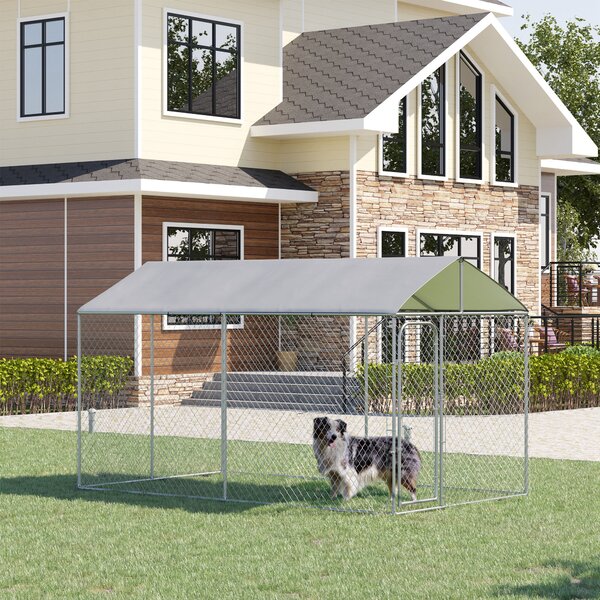 PawHut Kennel per Cani in Metallo Galvanizzato con Tettuccio in Tessuto Oxford e Porta con Blocco, 400x230x232cm, Argento|Aosom