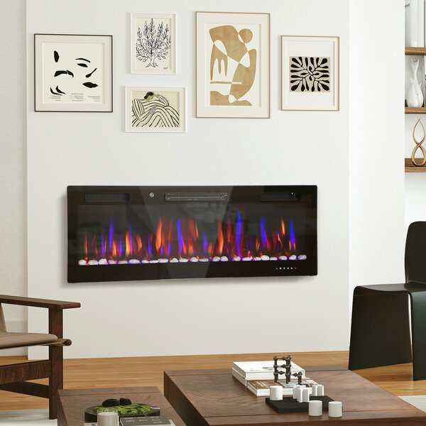 HOMCOM Camino Elettrico Parete Incasso Ultrasottile con Fiamma 3D Luminosità/Velocità Regolabile e 12 Colori Ciottoli 900/1800W | Aosom Italy