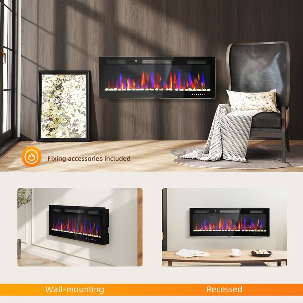 HOMCOM Camino Elettrico Parete Incasso Ultrasottile con Fiamma 3D Luminosità/Velocità Regolabile e 12 Colori Ciottoli 900/1800W | Aosom Italy