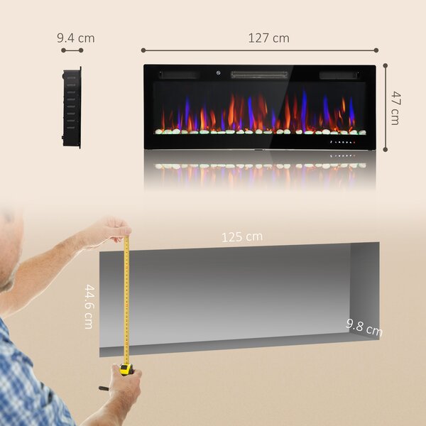 HOMCOM Camino Elettrico Parete Incasso Ultrasottile con Fiamma 3D Luminosità/Velocità Regolabile e 12 Colori Ciottoli 900/1800W | Aosom Italy