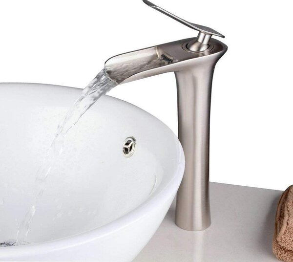 Rubinetto da bagno, modello cascata, miscelatore monocomando, rubinetto per lavabo, valvola in Vetroceramica, finitura in nichel spazzolato, modello BL9009NH, altezza elevata