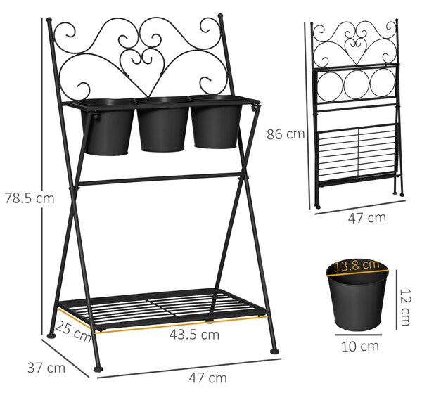 Outsunny Portapiante in Metallo Pieghevole con 3 Vasi, Scaffale per Piante con Ripiano per Casa e Giardino, 47x37x78.5cm, Nero|Aosom