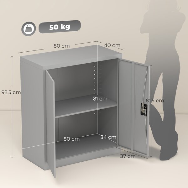 Vinsetto Armadietto Mobile Ripiano Regolabile Chiusura di Sicurezza per Casa Ufficio Garage Acciaio 80x40x92.5cm Grigio|Aosom
