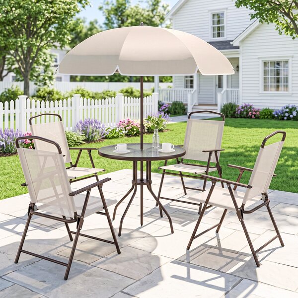 Outsunny Set 6 Mobili da Giardino con Tavolo, Sedia pieghevole e Ombrellone, in Tubi d'Acciaio, Crema | Aosom Italy