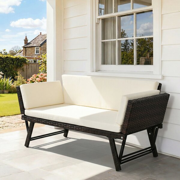 Outsunny Divano 2 Posti da Giardino in Rattan Bianco e Marrone, con Braccioli Estensibili, 129x63x67cm, Confortevole|Aosom