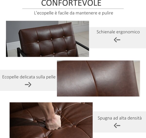HOMCOM Poltrona Stile Industriale Trapuntata a Bottoni, Arredamento Moderno Poltroncina in Metallo e PU, 62x74x78cm Marrone