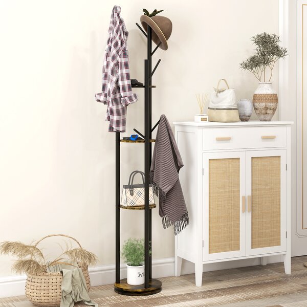 HOMCOM Appendiabiti da Terra Girevole con 8 Ganci e 4 Mensole in Stile Industriale, Ø30x175cm, Marrone