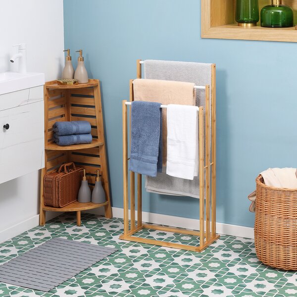 HOMCOM Portasciugamani da Terra in Bambù con 3 Sbarre in Acciaio, Autoportante, 48x25.8x94cm, Color Legno | Aosom