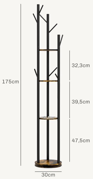 HOMCOM Appendiabiti da Terra Girevole con 8 Ganci e 4 Mensole in Stile Industriale, Ø30x175cm, Marrone