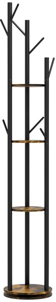 HOMCOM Appendiabiti da Terra Girevole con 8 Ganci e 4 Mensole in Stile Industriale, Ø30x175cm, Marrone