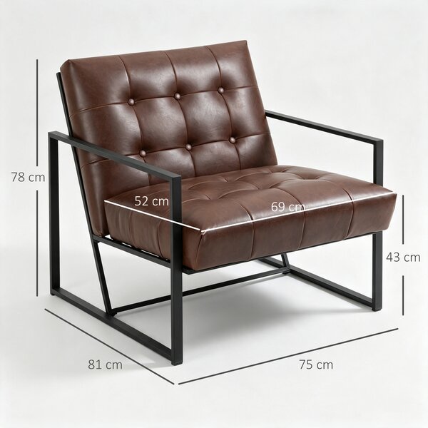 HOMCOM Poltrona Stile Industriale Trapuntata a Bottoni, Arredamento Moderno Poltroncina in Metallo e PU, 62x74x78cm Marrone