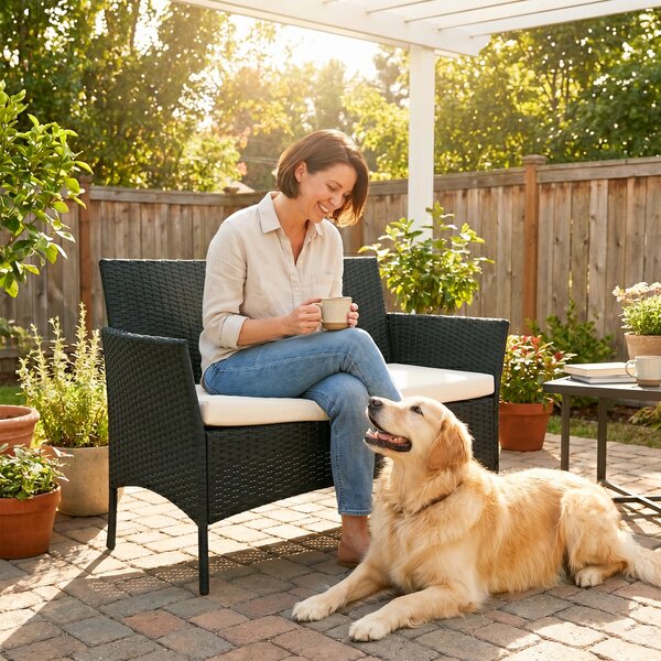 Outsunny Divano da Giardino a 2 Posti con Cuscino e Braccioli in Rattan PE e Acciaio, 100x54x80cm, Nero
