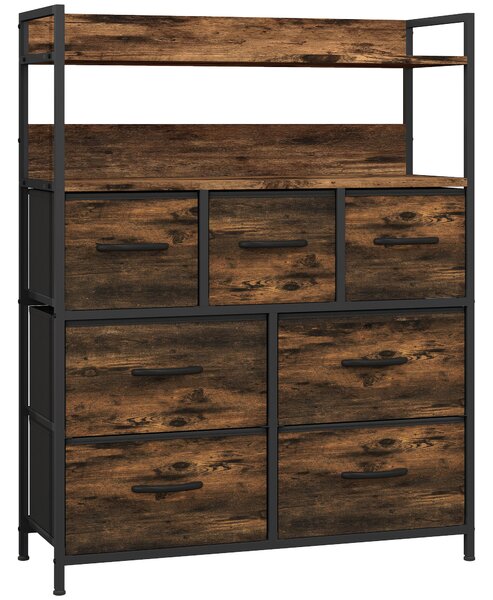 HOMCOM Cassettiera 7 Cassetti Rimovibili con 2 Ripiani Industriale in Legno e Acciaio, 79x29x101 cm, Marrone e Nero