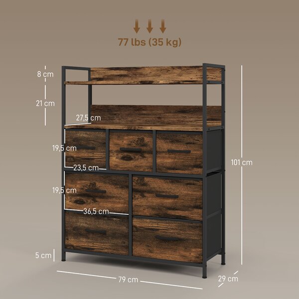 HOMCOM Cassettiera 7 Cassetti Rimovibili con 2 Ripiani Industriale in Legno e Acciaio, 79x29x101 cm, Marrone e Nero