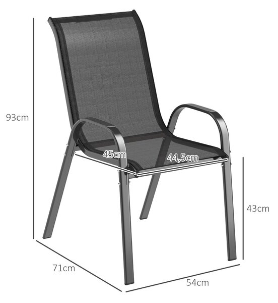 Outsunny Set 4 Sedie da Giardino Impilabili in Acciaio e Tessuto a Rete Traspirante, 54x71x93 cm, Nero