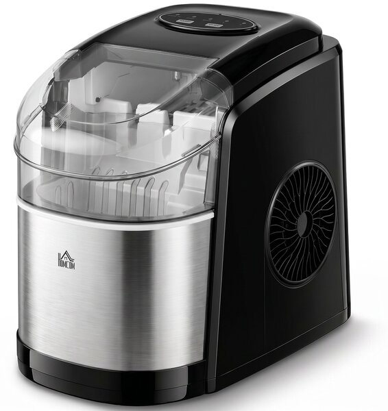 HOMCOM Macchina del Ghiaccio Autopulente da 9 Cubetti in 6-12 Minuti, in PP e Acciaio Inox, 24.2x35.3x33 cm, Nera|Aosom