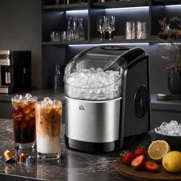 HOMCOM Macchina del Ghiaccio Autopulente da 9 Cubetti in 6-12 Minuti, in PP e Acciaio Inox, 24.2x35.3x33 cm, Nera|Aosom