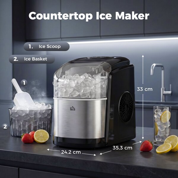 HOMCOM Macchina del Ghiaccio Autopulente da 9 Cubetti in 6-12 Minuti, in PP e Acciaio Inox, 24.2x35.3x33 cm, Nera|Aosom