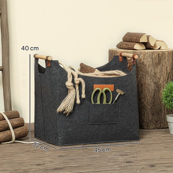 Outsunny Borsa in Feltro Portalegna da Interno con Manici in Legno, Capacità 15 kg, 45x32x40 cm, Grigio | Aosom Italy