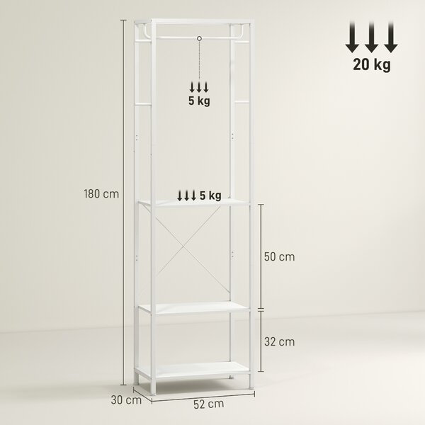 HOMCOM Appendiabiti con Scarpiera a 2 Livelli, Barra Appendi Abiti, 4 Ganci, Mensola Superiore, 52x30x180 cm, Bianco | Aosom Italy
